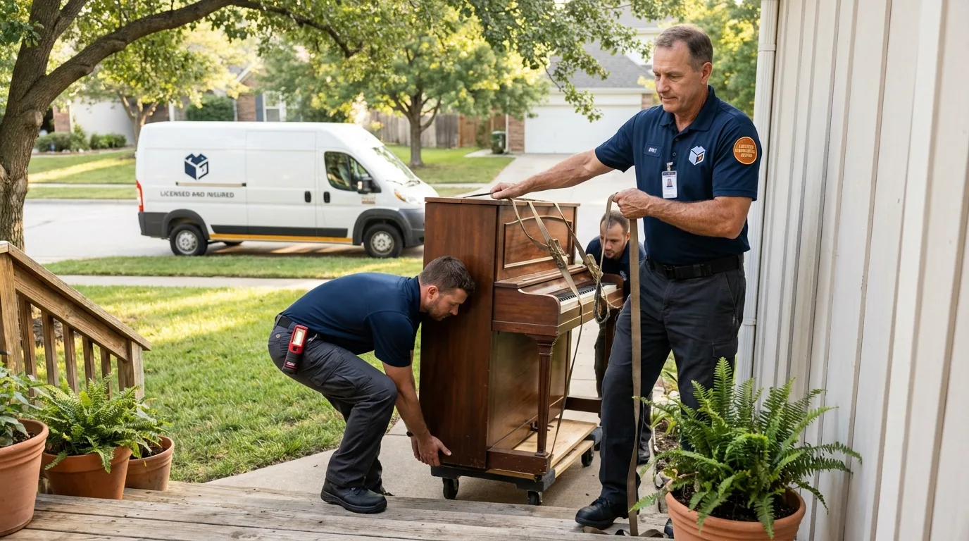 Licensed piano movers securing grand piano in Pierre, SD